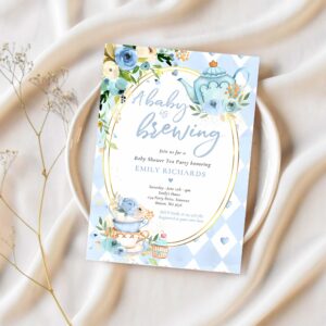A baby is brewing tea party baby shower blue roses invitation v78y 1