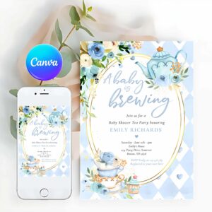 A Baby Is Brewing Tea Party Invitation, A Baby Is Brewing Tea Party Baby Shower Blue Roses Invitation