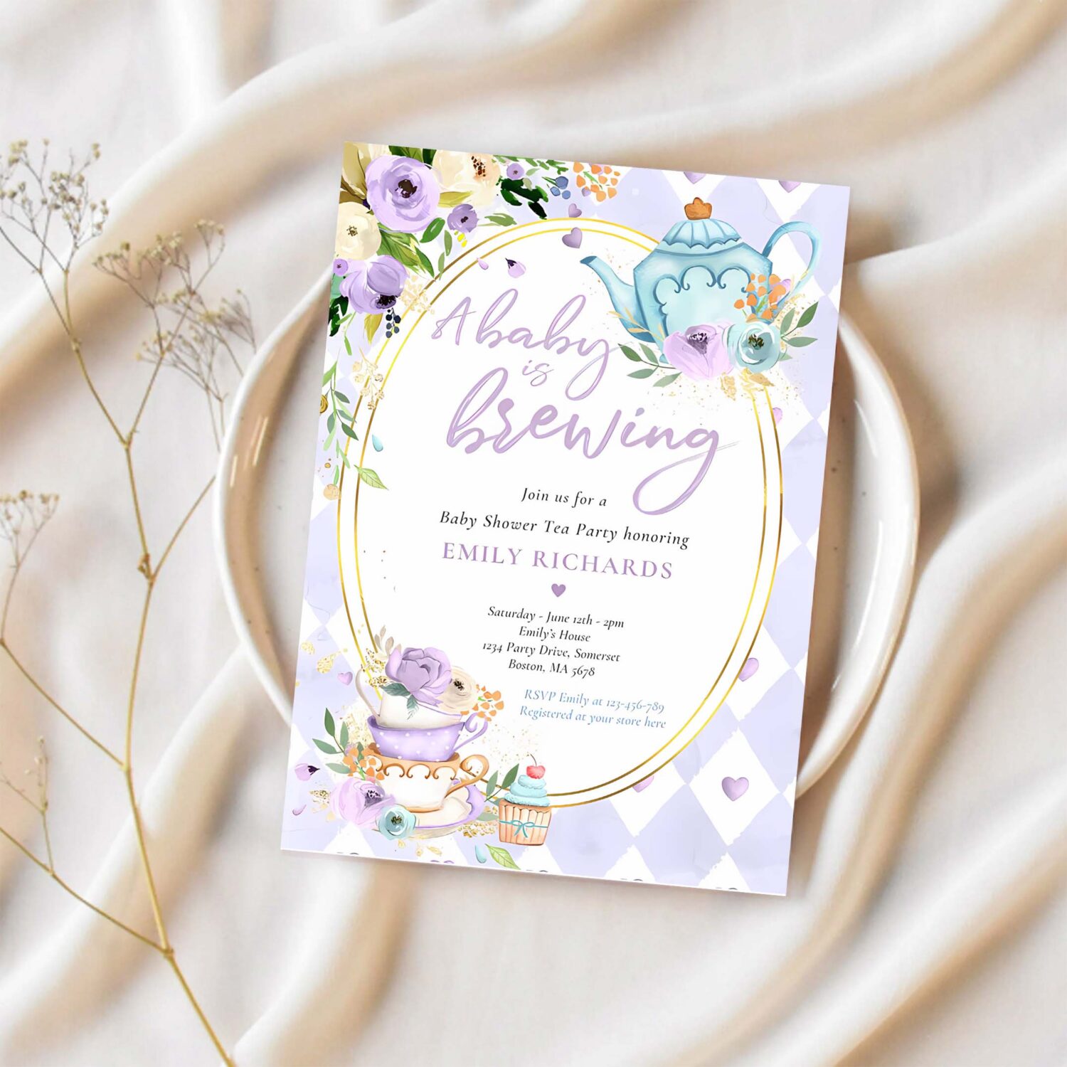 A baby is brewing tea party baby shower lilac rose invitation f45u 1