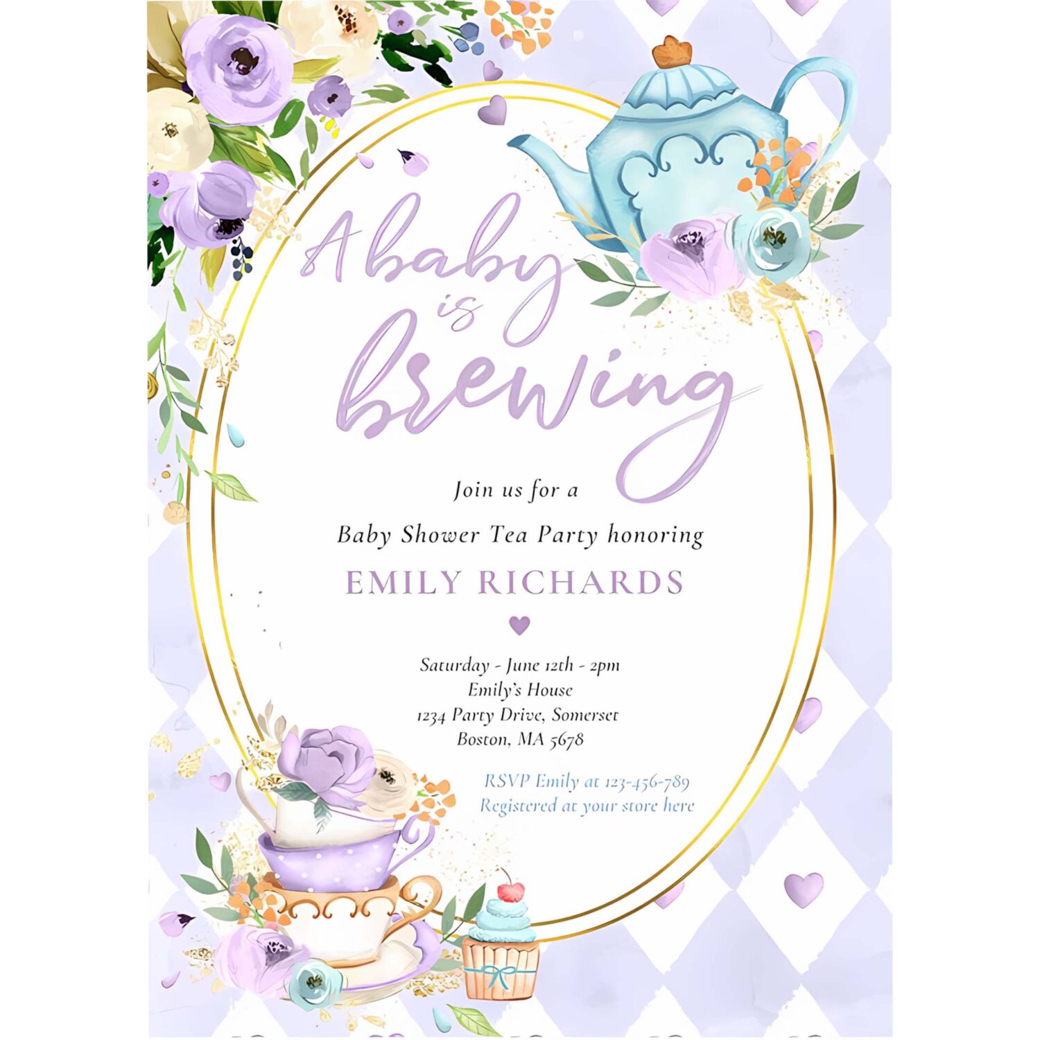 A baby is brewing tea party baby shower lilac rose invitation f45u 4