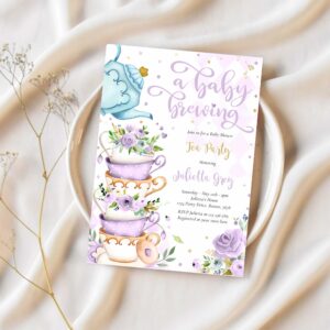 A baby is brewing tea party baby shower lilac rose invitation x53r 1