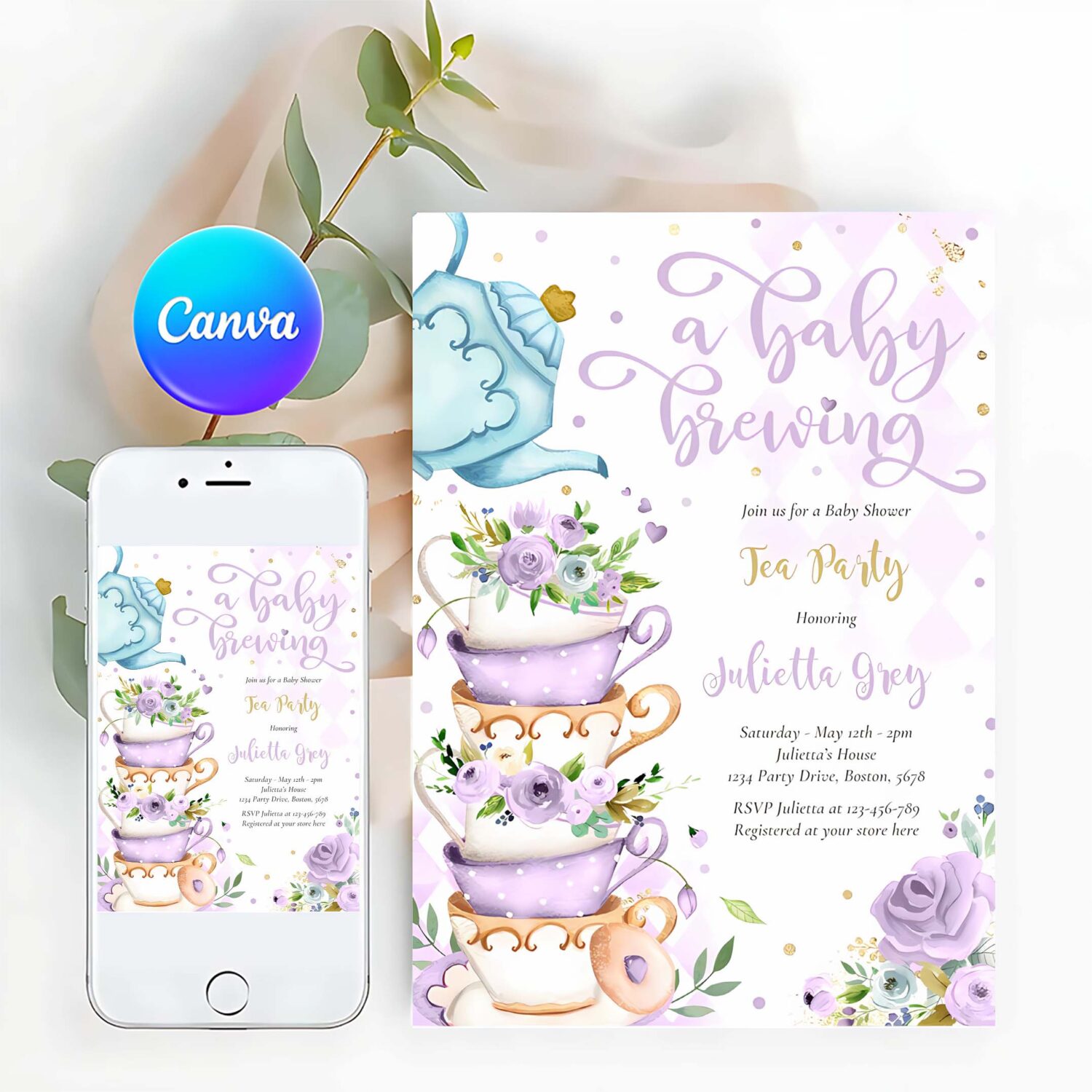 A baby is brewing tea party baby shower lilac rose invitation x53r