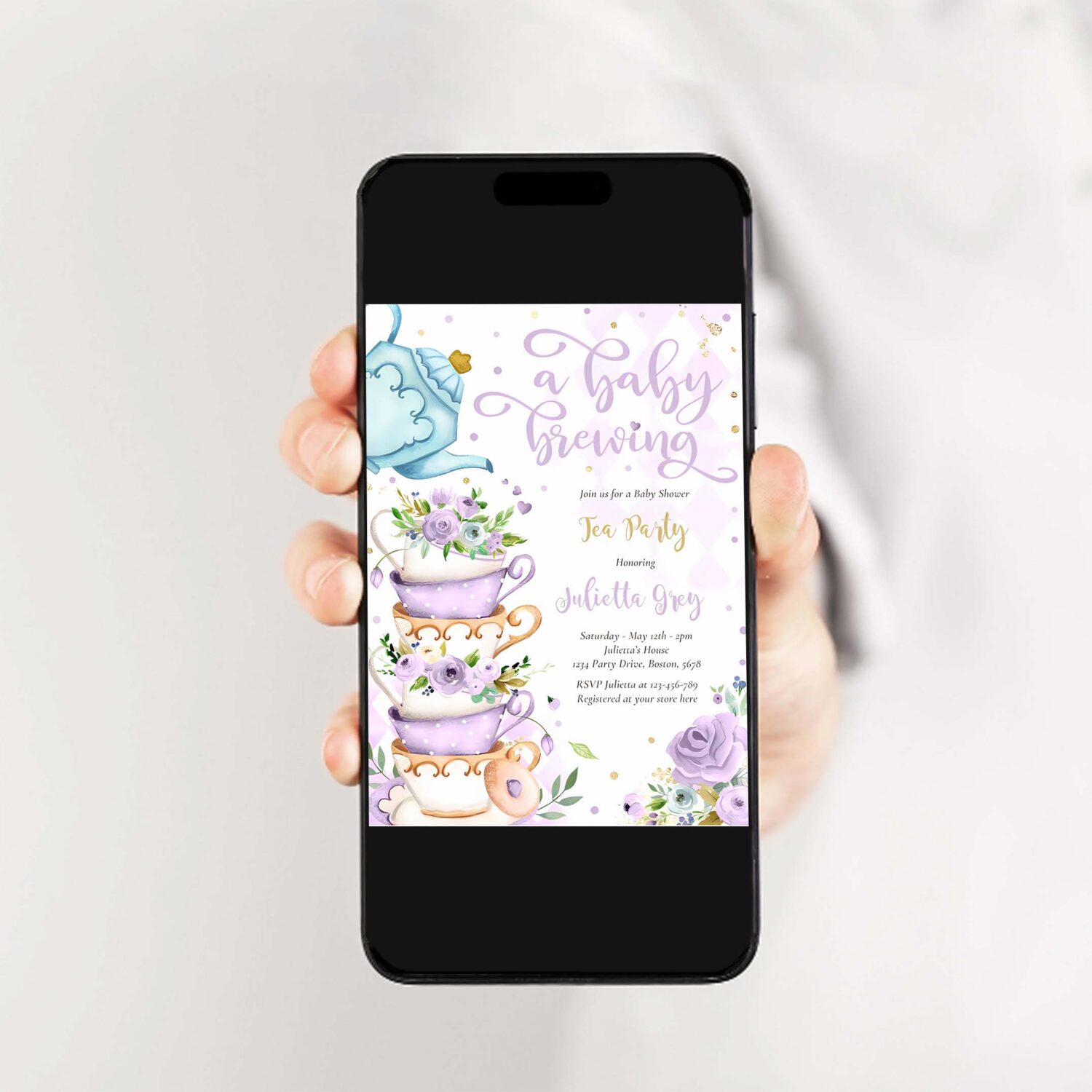 A baby is brewing tea party baby shower lilac rose invitation x53r 2