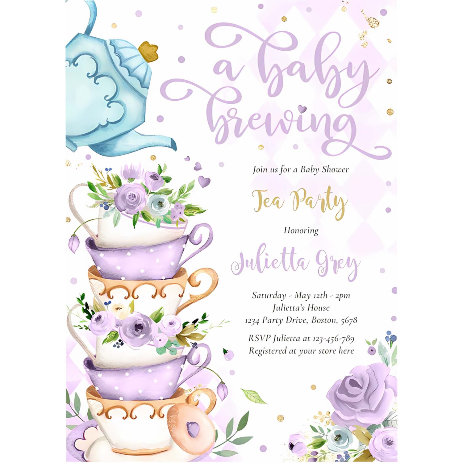 A baby is brewing tea party baby shower lilac rose invitation x53r 4