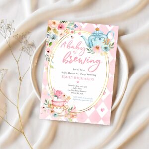 A baby is brewing tea party baby shower pink roses invitation i27t 1