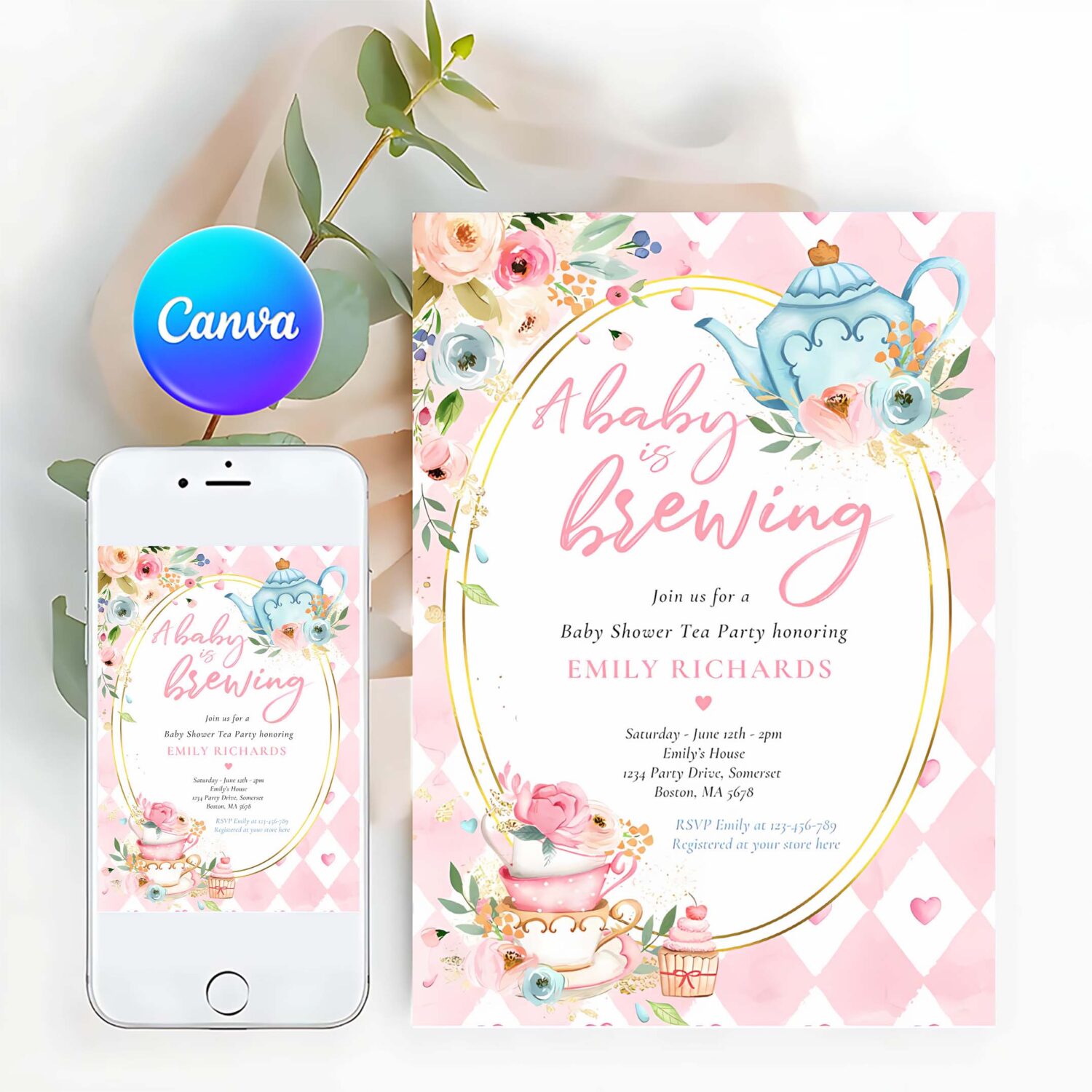 A baby is brewing tea party baby shower pink roses invitation i27t