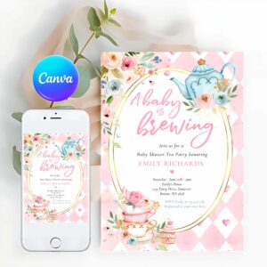 A Baby Is Brewing Tea Party Invitation, A Baby Is Brewing Tea Party Baby Shower Pink Roses Invitation