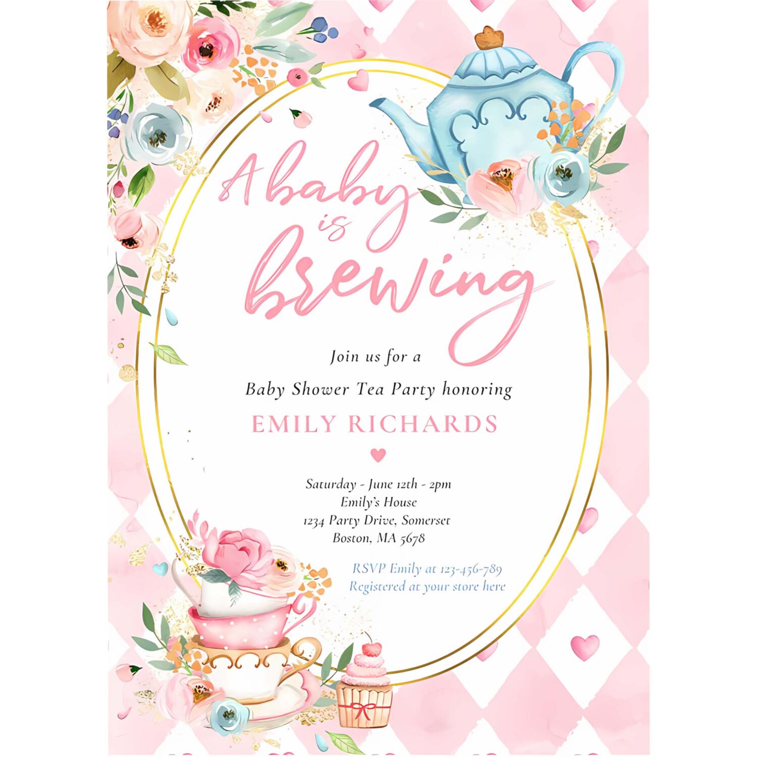 A baby is brewing tea party baby shower pink roses invitation i27t 4