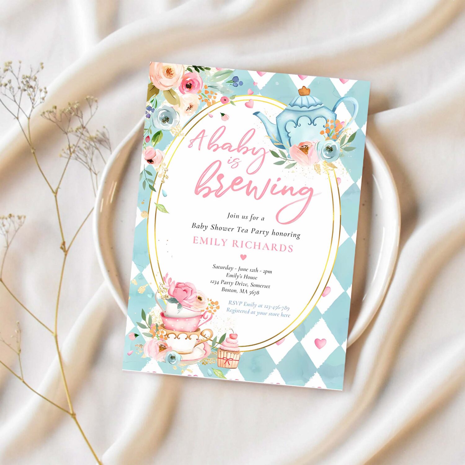 A baby is brewing tea party baby shower pink roses invitation k10n 1