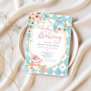 A baby is brewing tea party baby shower pink roses invitation k10n 1