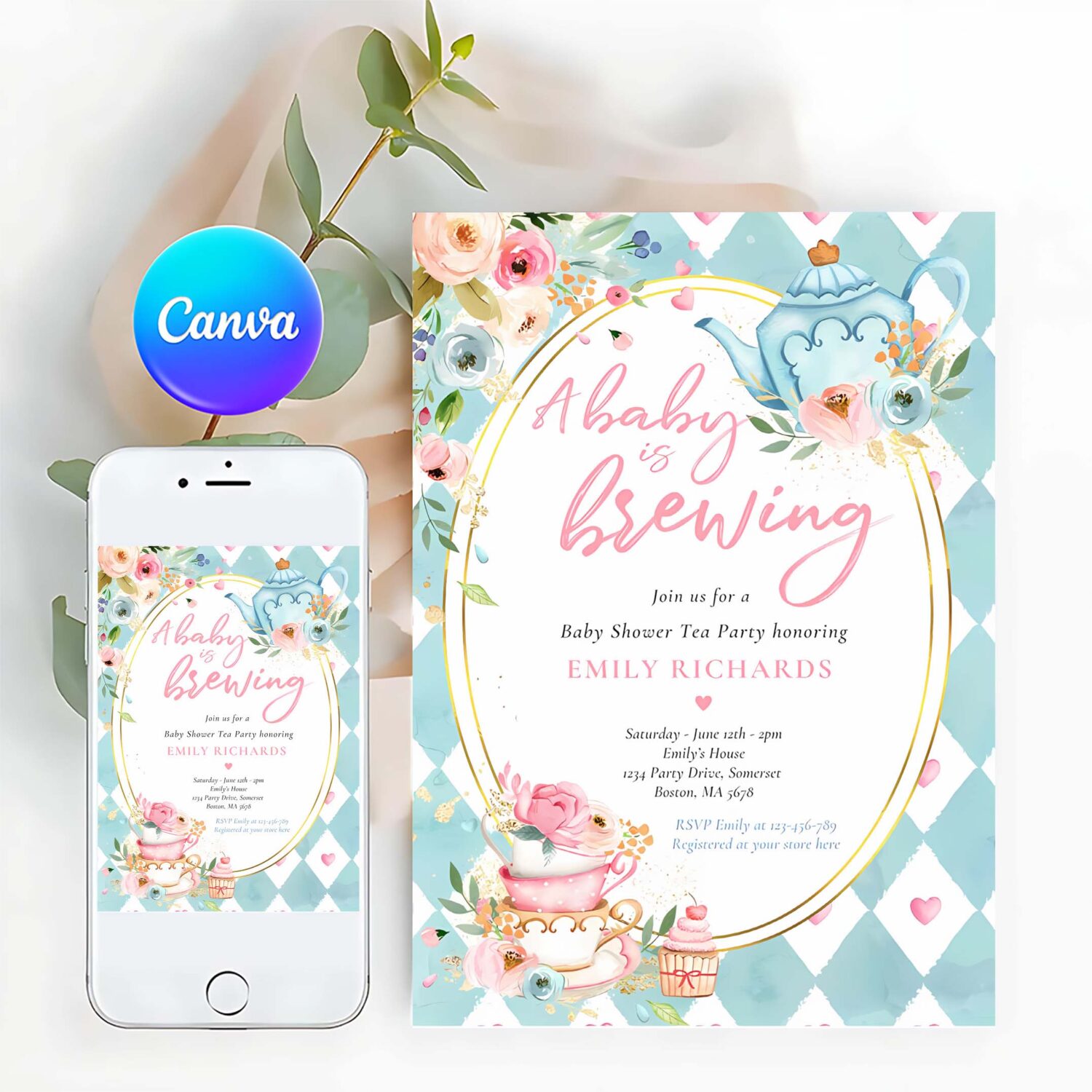 A baby is brewing tea party baby shower pink roses invitation k10n