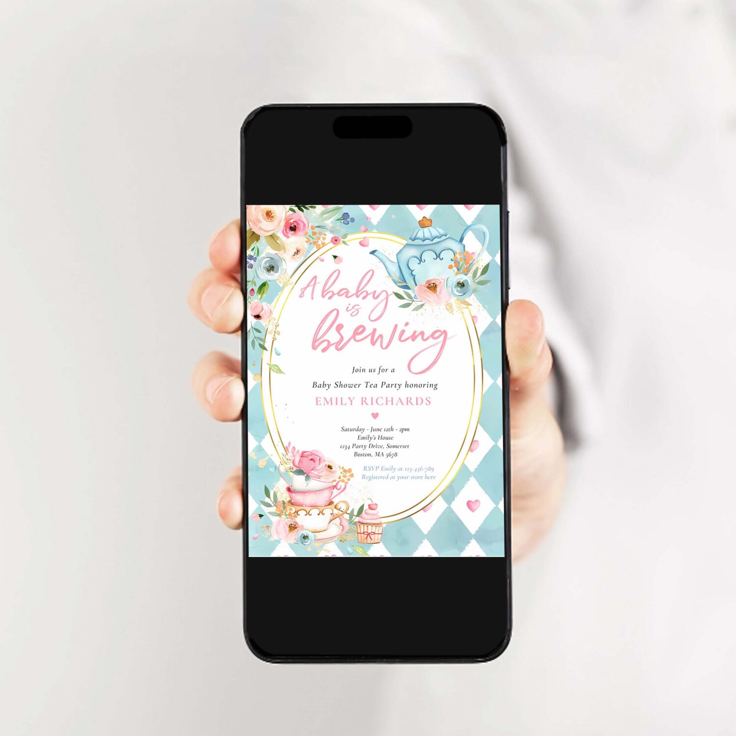 A baby is brewing tea party baby shower pink roses invitation k10n 2
