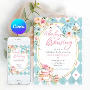 A Baby Is Brewing Tea Party Invitation, A Baby Is Brewing Tea Party Baby Shower Pink Roses Invitation