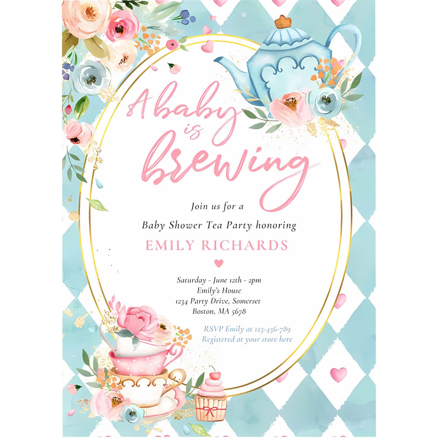 A baby is brewing tea party baby shower pink roses invitation k10n 4