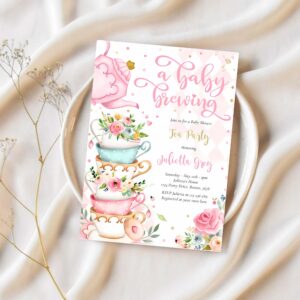 A baby is brewing tea party baby shower pink roses invitation w70v 1