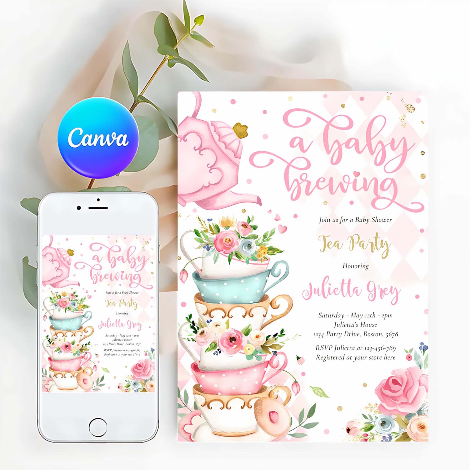 A baby is brewing tea party baby shower pink roses invitation w70v