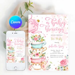 A Baby Is Brewing Tea Party Invitation, A Baby Is Brewing Tea Party Baby Shower Pink Roses Invitation