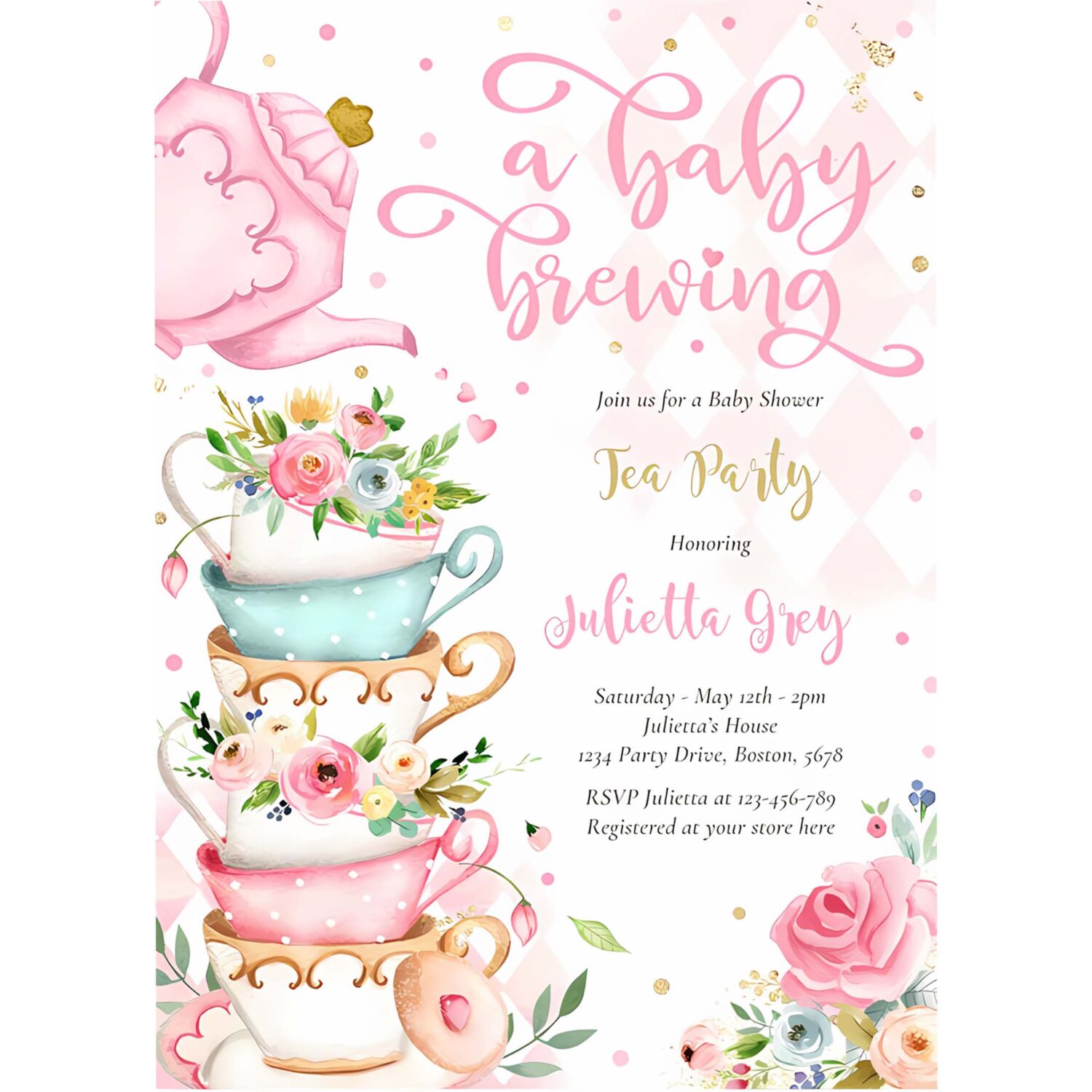 A baby is brewing tea party baby shower pink roses invitation w70v 4