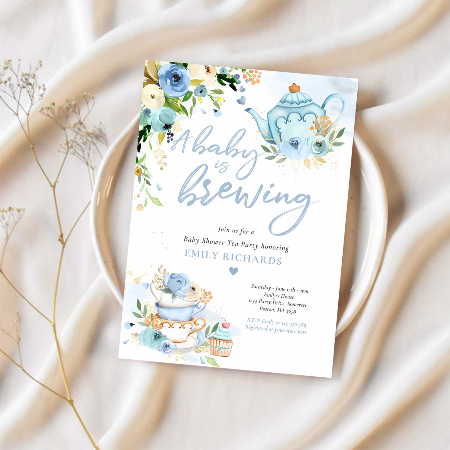 A baby is brewing tea party baby shower purple invitation r84j 1