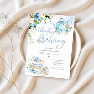 A baby is brewing tea party baby shower purple invitation r84j 1
