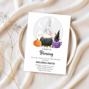 A baby is brewing halloween baby shower invitation gender neutral spooky fall couples 1