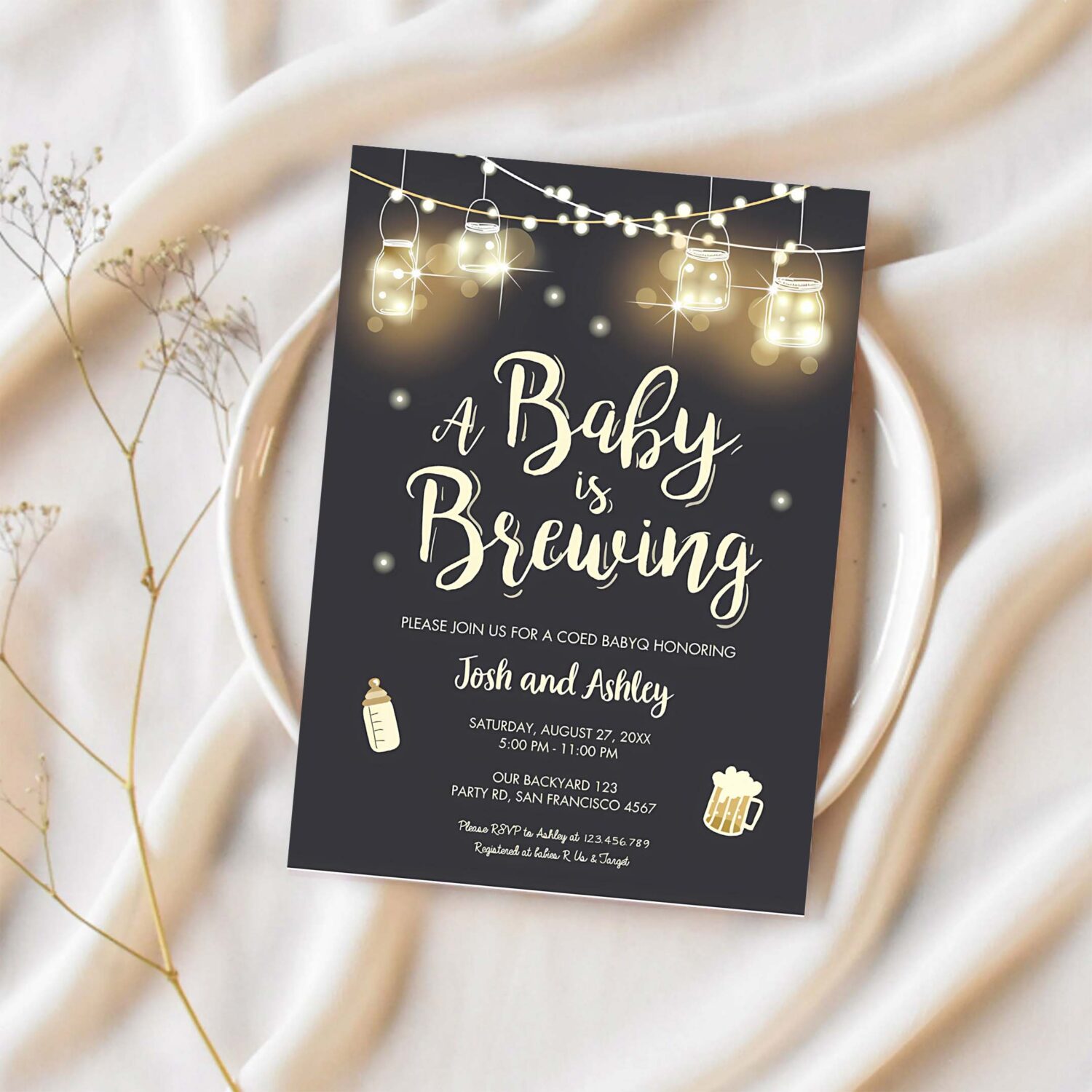 A baby is brewing invitation bottle and beers baby shower babyq bbq coed couples shower 1