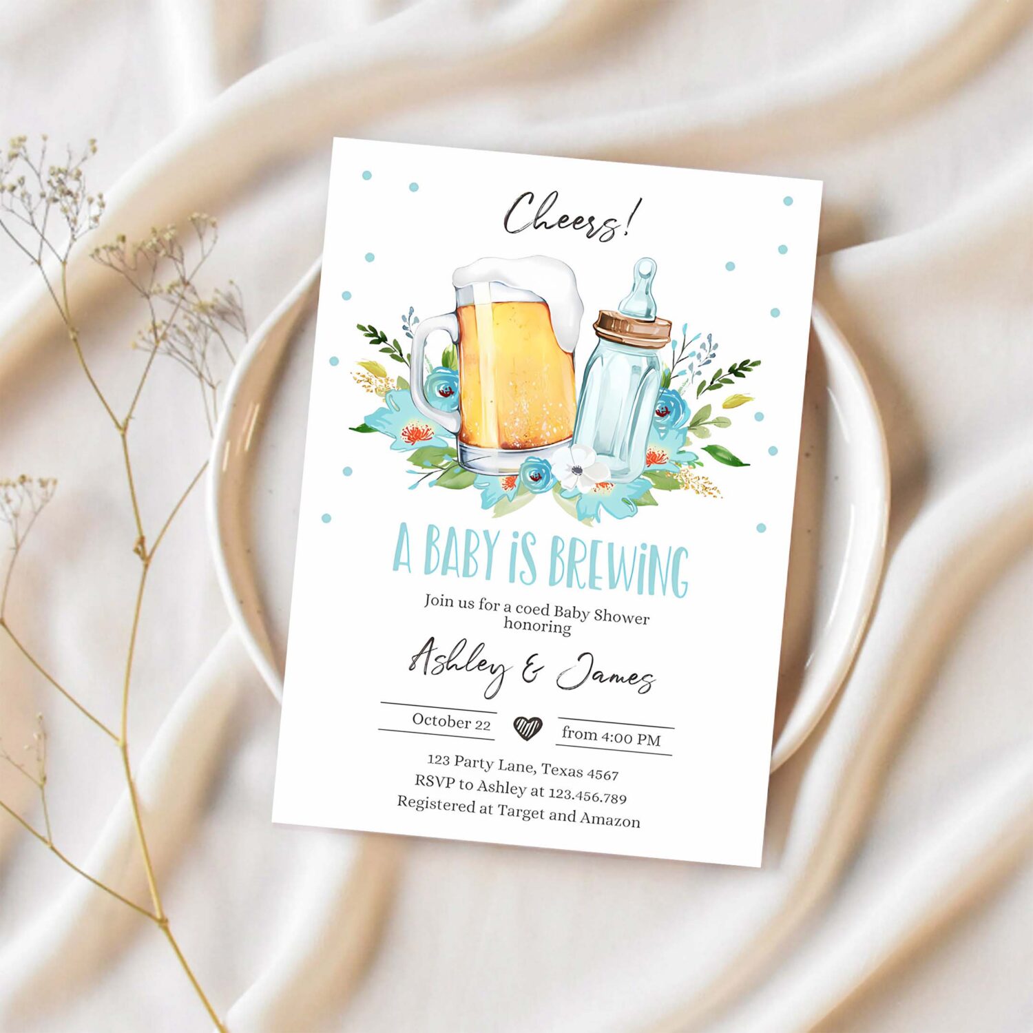 A baby is brewing invitation bottle and beers baby shower boy cheers coed couples shower printable 1