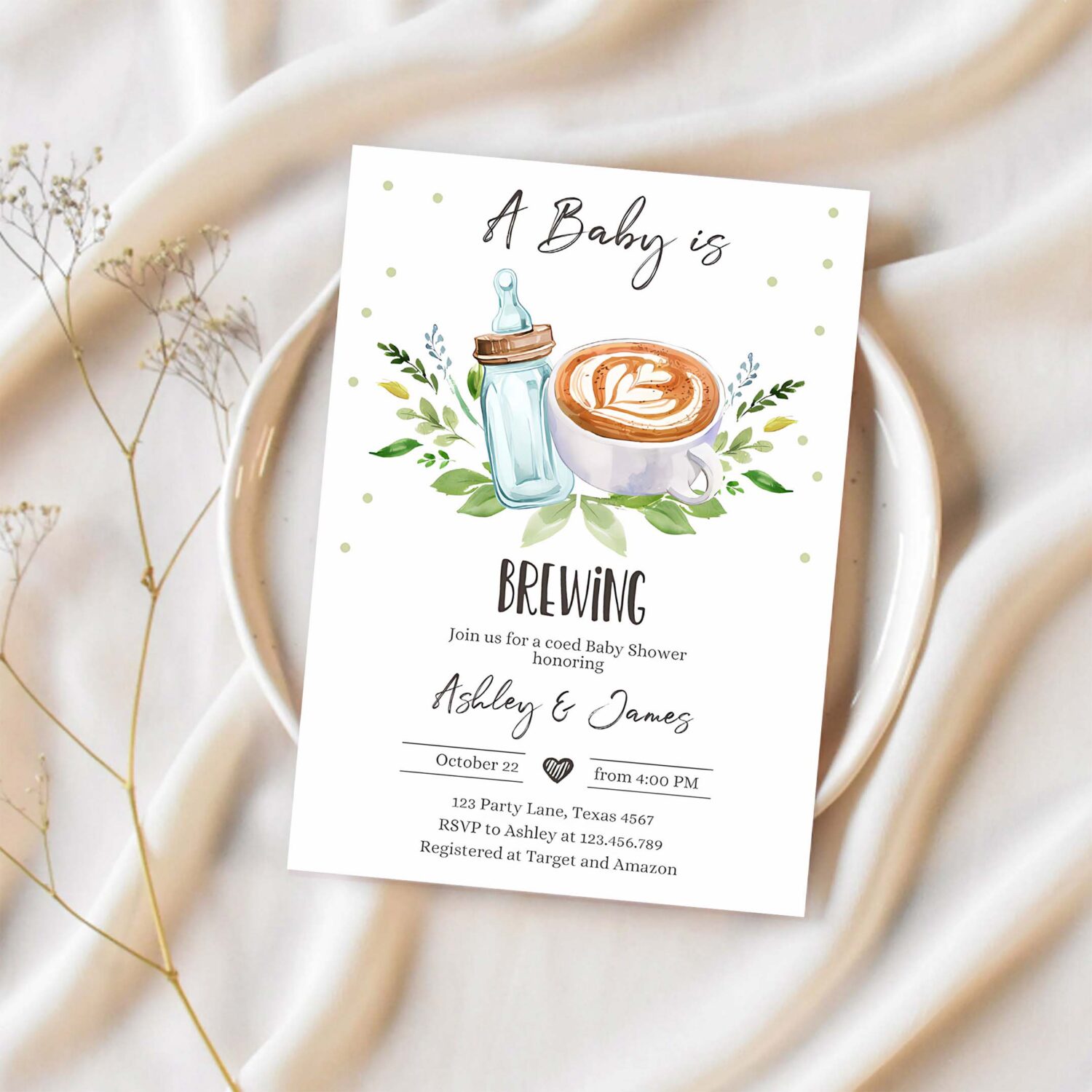 A baby is brewing invitation bottle and coffee baby shower coed couples gender neutral 1