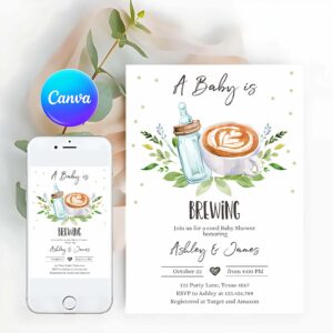 A Baby is Brewing Invitation, A Baby is Brewing Invitation, Bottle and Coffee Baby Shower Coed Couples Gender Neutral