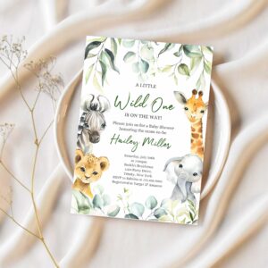 A little wild one on the way baby shower invitation safari jungle baby shower invite greenery safari animals baby shower 1