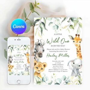Greenery Invitation, A Little Wild One On the Way Baby Shower Invitation, Safari Jungle Baby Shower Invite, Greenery Safari Animals Baby Shower