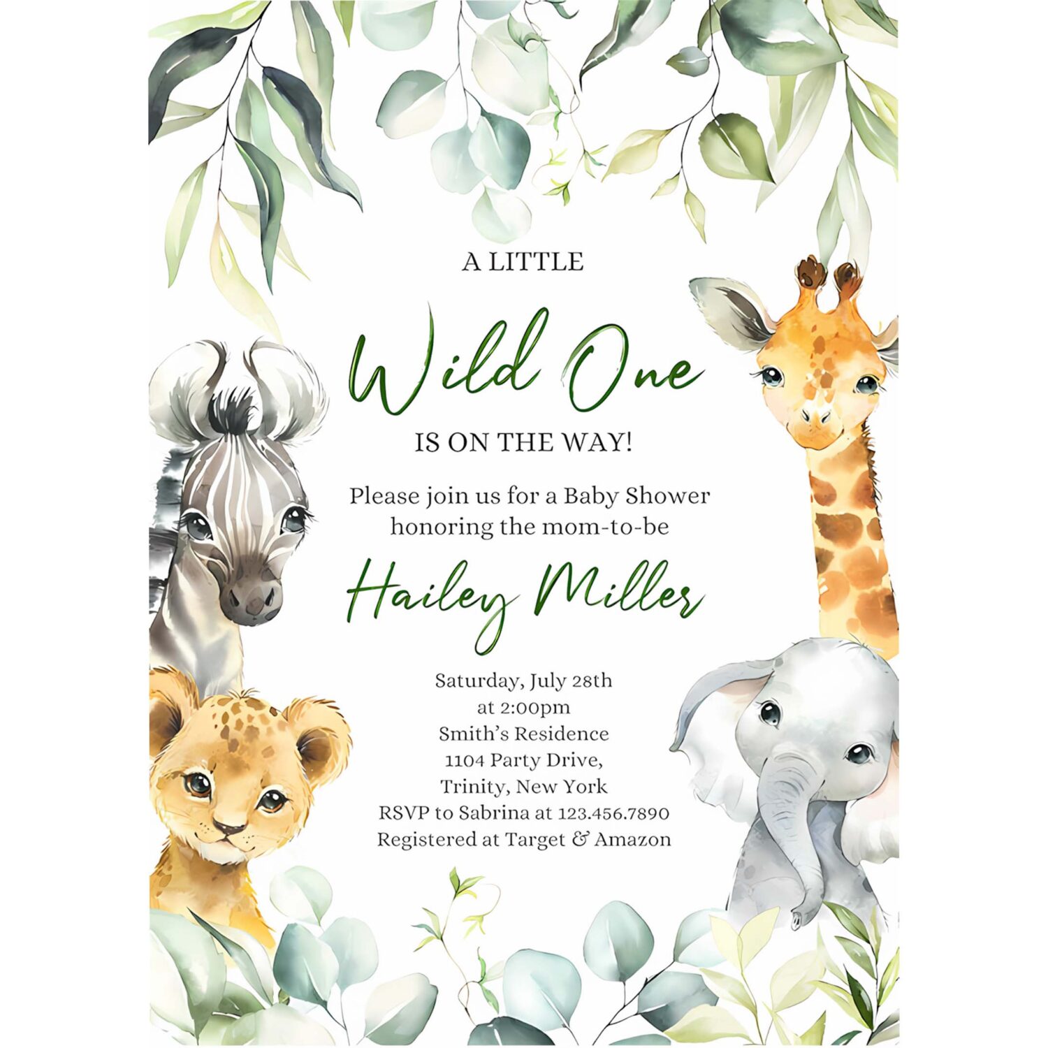 A little wild one on the way baby shower invitation safari jungle baby shower invite greenery safari animals baby shower 4