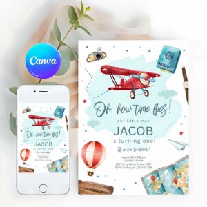 Airplane Invitation, Airplane Birthday Invitation, Oh My Time Flies Red Airplane First Birthday Travel