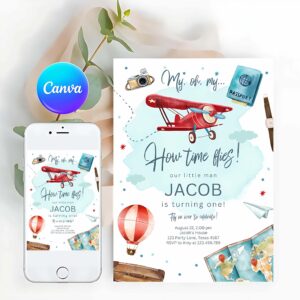 Airplane Invitation, Airplane Birthday Invitation, Oh My Time Flies Red Airplane Invitation, Travel