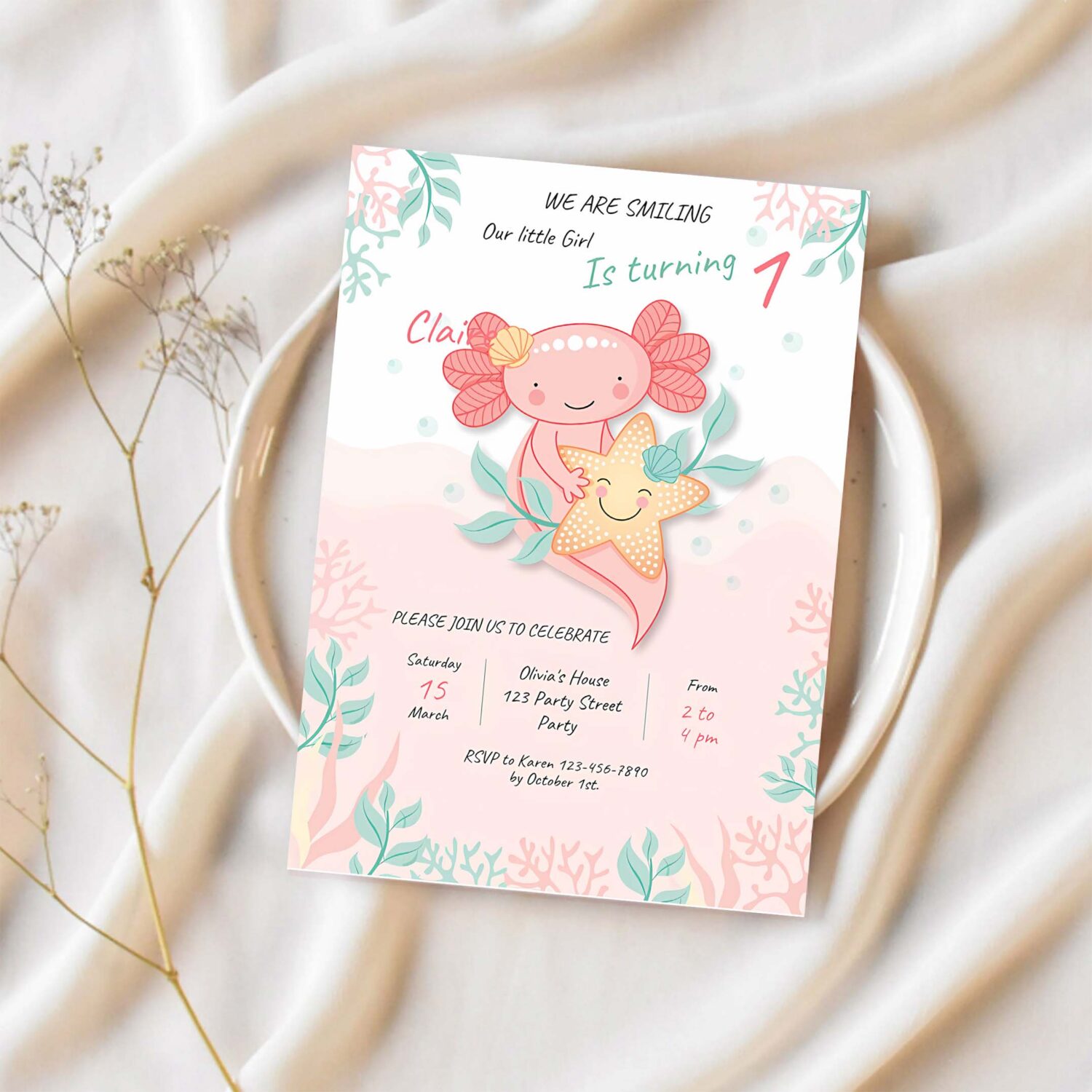 Axolotl birthday invite fiesta axolotl party first birthday baby shower 1