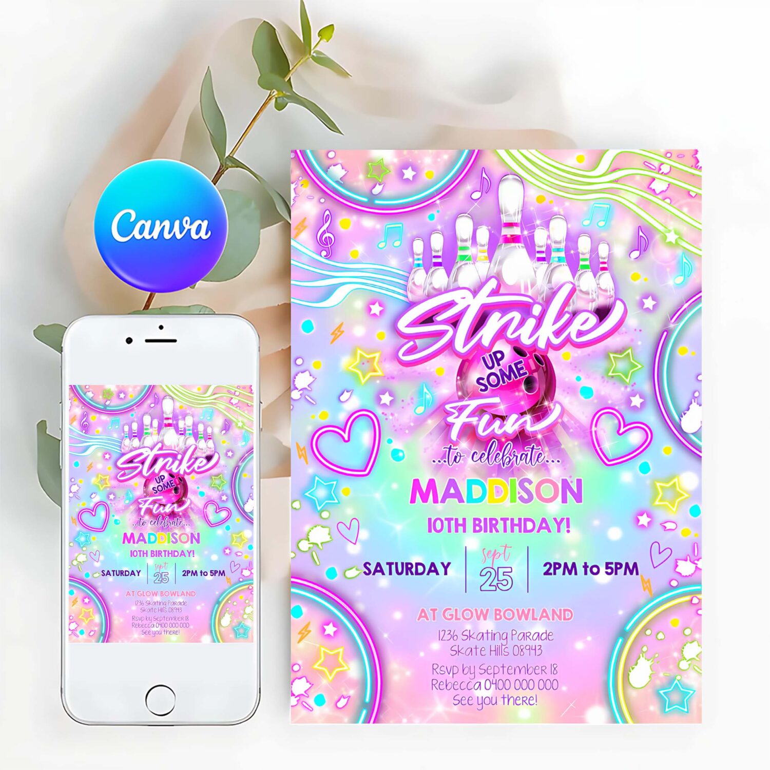 Bowling birthday invitation bowling party glow invitation neon glow bowling invitation