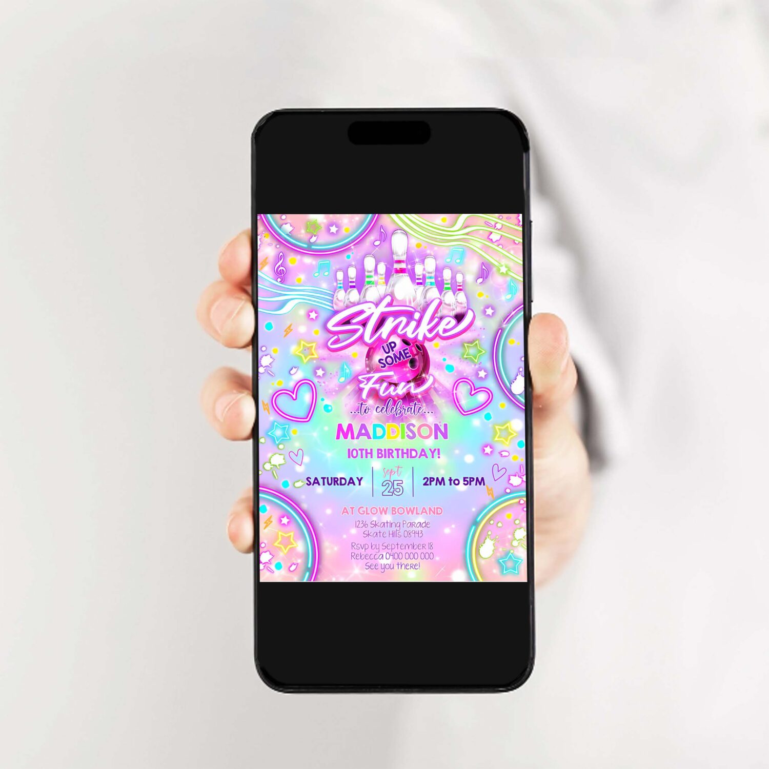 Bowling birthday invitation bowling party glow invitation neon glow bowling invitation 2
