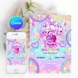 Bowling Invitation, BOWLING BIRTHDAY Invitation, Bowling Party Glow Invitation, Neon Glow Bowling Invitation
