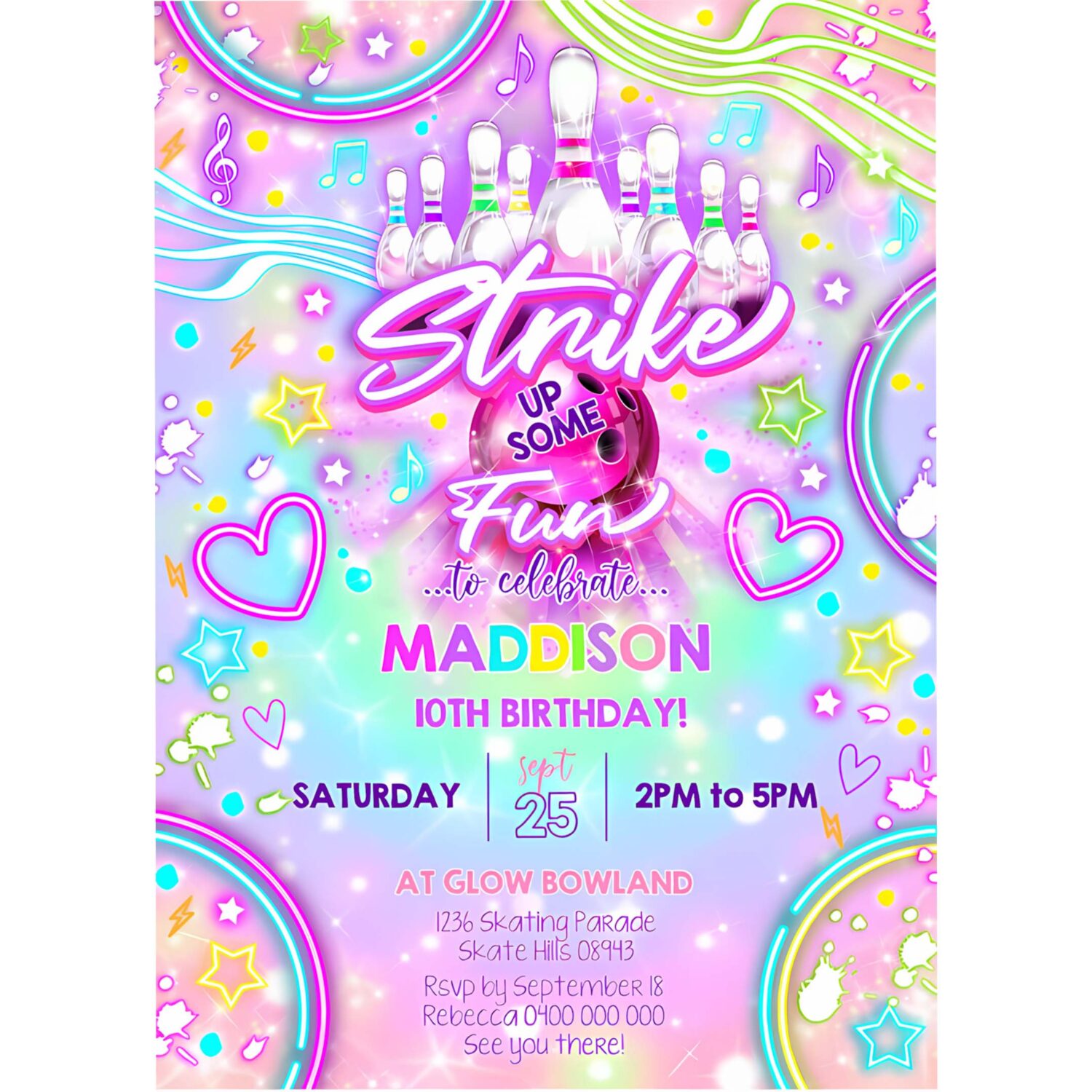 Bowling birthday invitation bowling party glow invitation neon glow bowling invitation 4