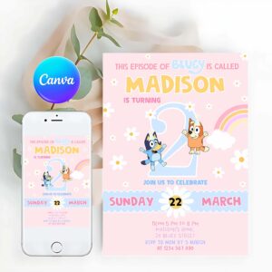 Bluey Invitation, Baby Bluey Girl Birthday Invitation, 2nd Bluey Birthday Party Invitation, Party Girl Invite