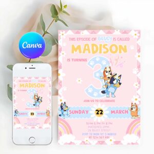 Bluey Invitation, Baby Bluey Girl Party Birthday Invitation, 3rd Bluey Party Invitation, Party Girl Invite