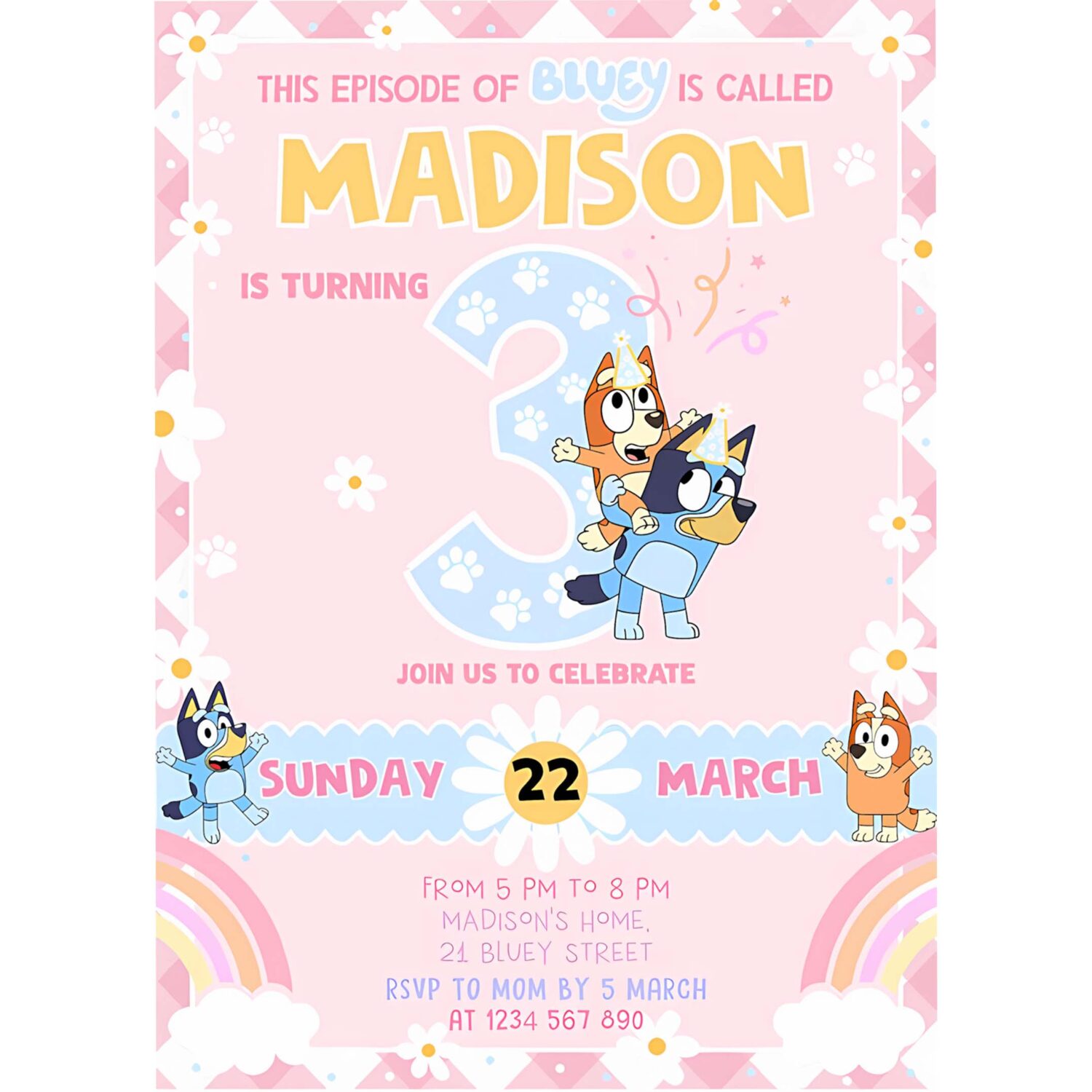 Baby bluey girl party birthday invitation 3rd bluey party invitation party girl invite 4
