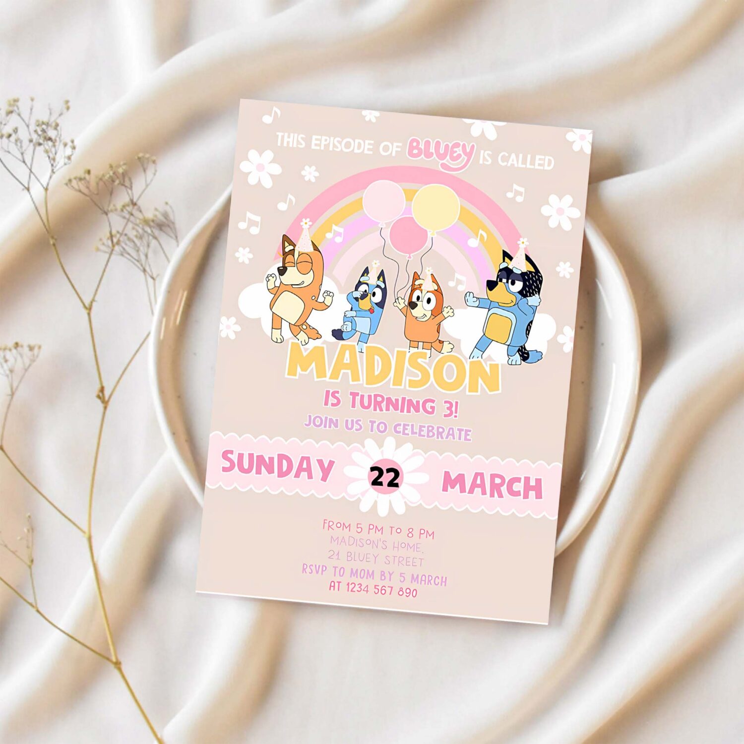 Baby bluey party invites bluey pink yellow blue girl 3rd party birthday invitation bluey party invitation 1