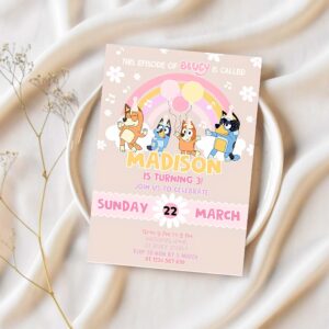 Baby bluey party invites bluey pink yellow blue girl 3rd party birthday invitation bluey party invitation 1