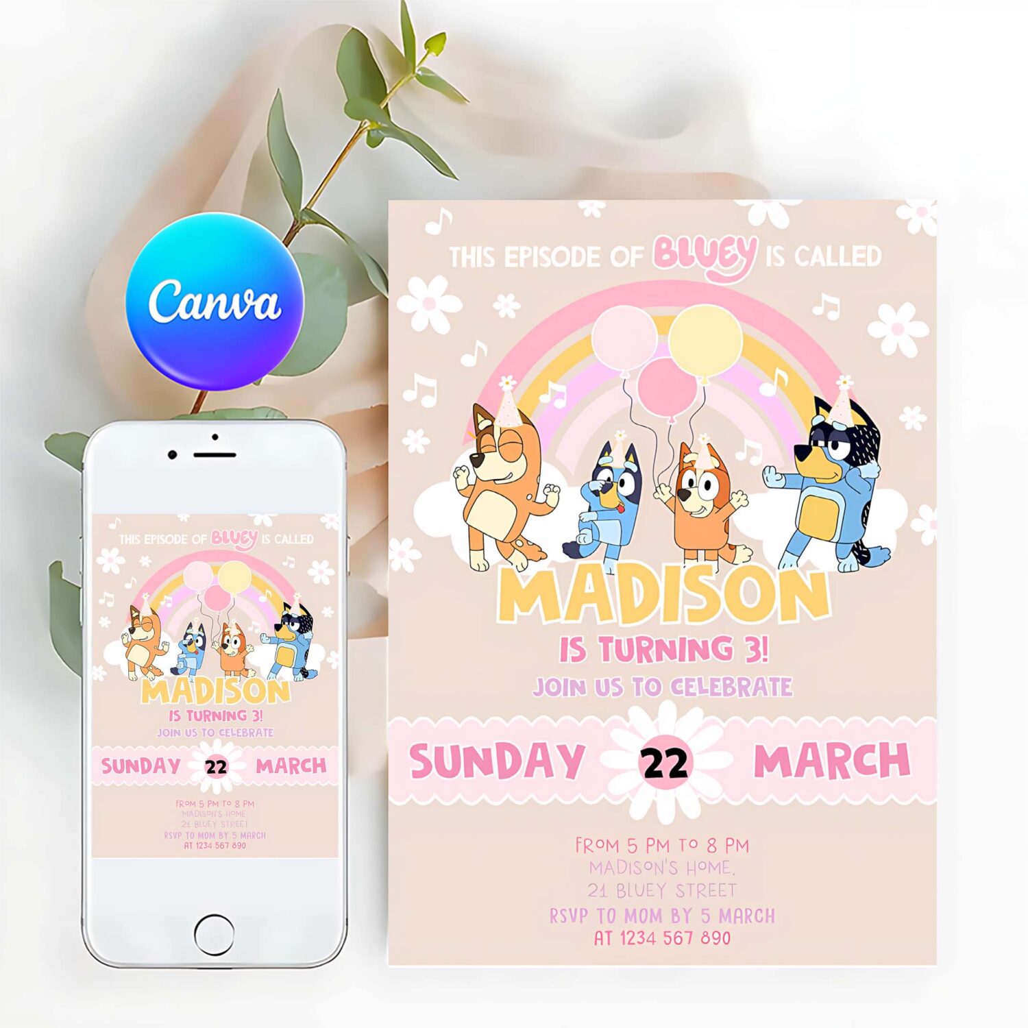 Baby bluey party invites bluey pink yellow blue girl 3rd party birthday invitation bluey party invitation