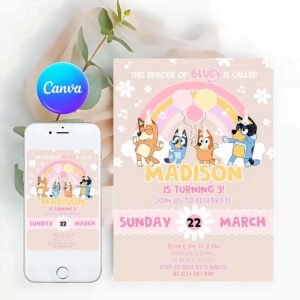 Bluey Invitation, Baby Bluey Party Invites, Bluey Pink Yellow Blue Girl 3rd Party Birthday Invitation, Bluey Party Invitation
