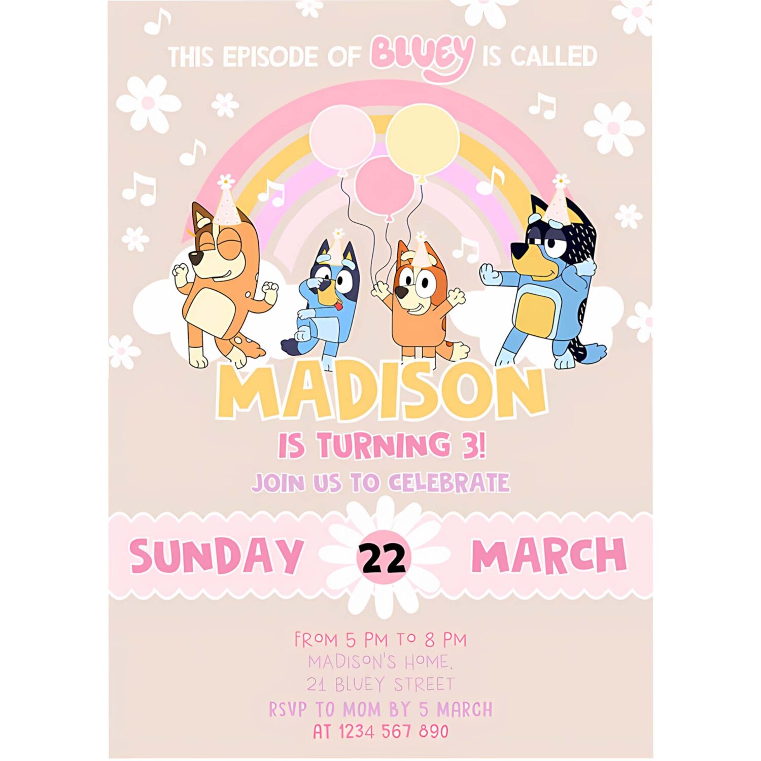 Baby bluey party invites bluey pink yellow blue girl 3rd party birthday invitation bluey party invitation 4