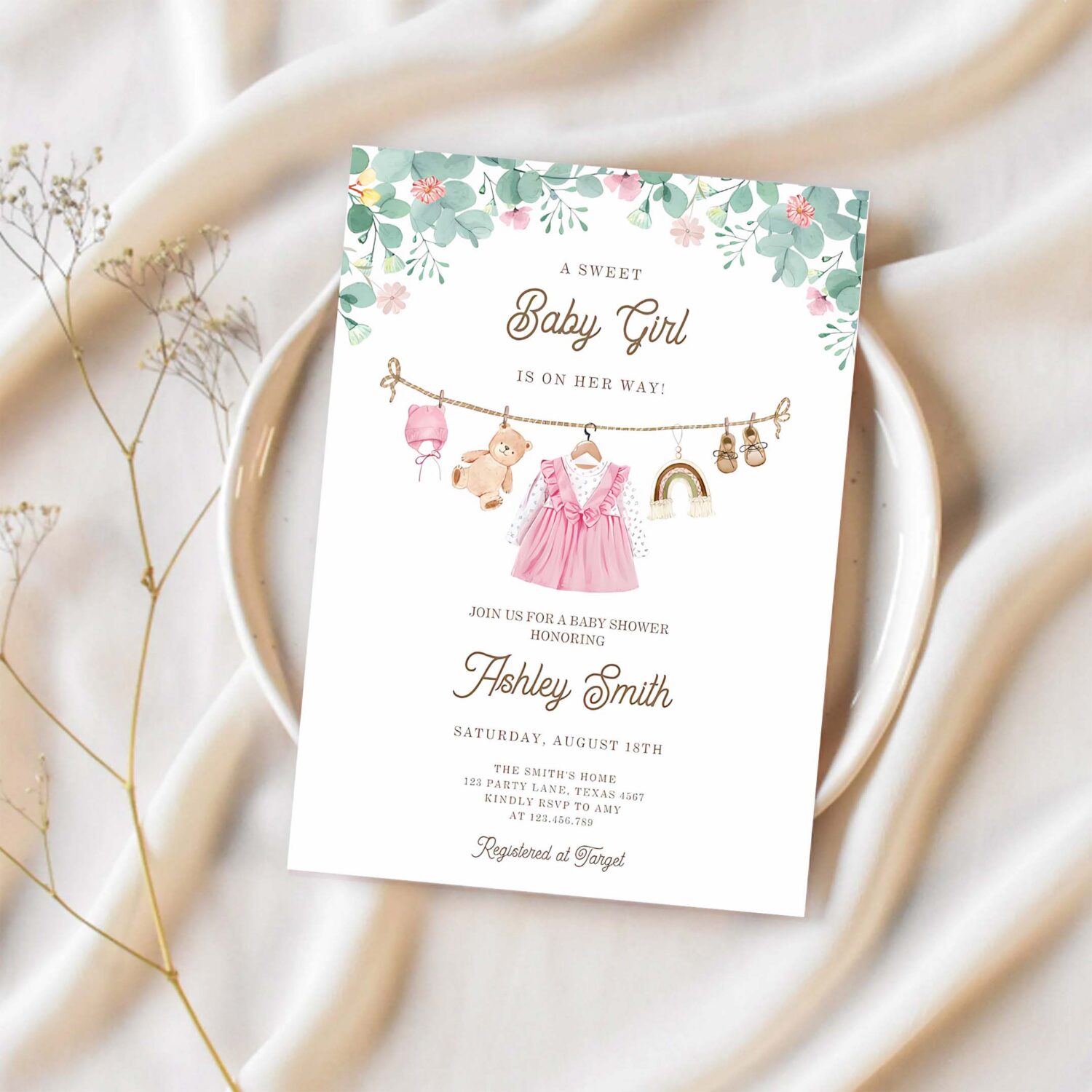 Baby clothes clothesline boho girl baby shower invitation f22p 1