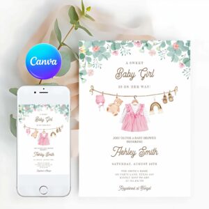 Baby Clothes Invitation, Baby Clothes Clothesline Boho Girl Baby Shower Invitation