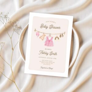 Baby clothes clothesline boho girl baby shower invitation h62s 1